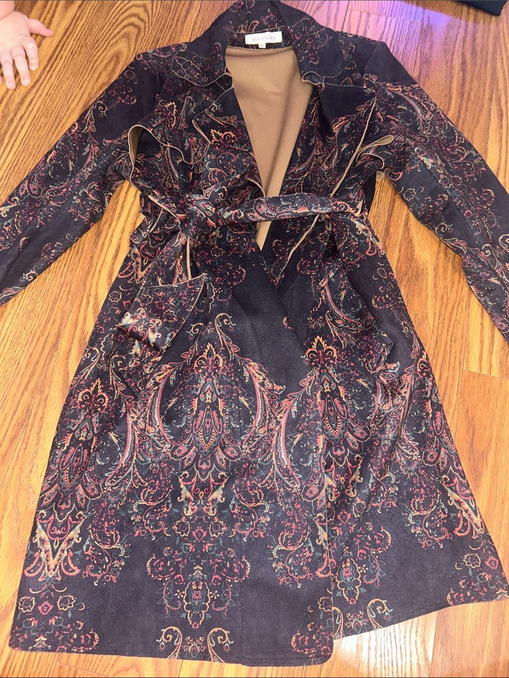 Anthropologie Solitaire Paisley Belted Trench Faux Suede Coat Women's Size S